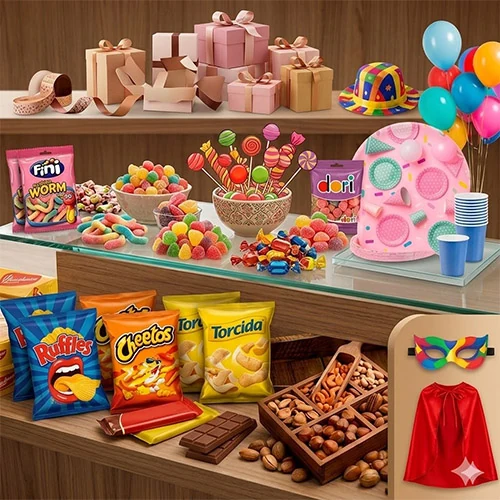 Ambiente com doces e artigos para festa na Fanny Cubatão